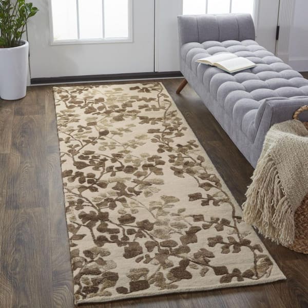 Taupe, Brown Floral 2 ft. x 8 ft. Runner Rug