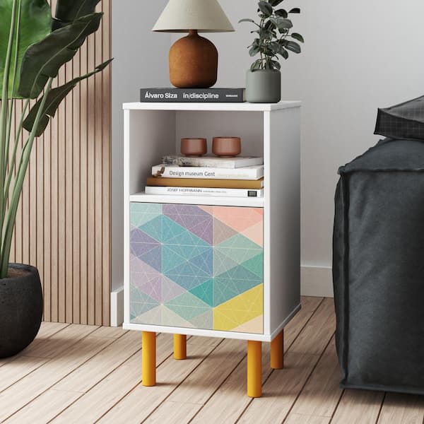 Manhattan Comfort Retro Mid-Century Modern White and Multi Color Red, Yellow and Blue Print 14.96 in. W Nightstand