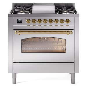 Nostalgie II 36 in. 6 Burner+Griddle Freestanding Dual Fuel Natural Gas Range in Stainless Steel with Brass Trim