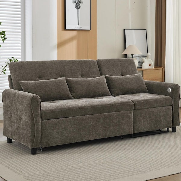 Conqueror 82 in. Dark Grey Chenille Upholstery Twin Size Sofa Bed with Reversible Recliner, Dual USB Charging Ports