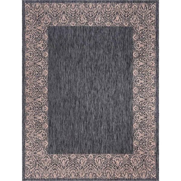 Unique Loom Outdoor Floral Border Charcoal Gray 9 ft. x 12 ft. Area Rug