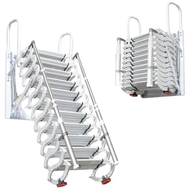 118" H, 12 Steps Attic Ladder, Wall Mounted Folding Loft Retractable Stairs, with Armrests, Telescoping Aluminum