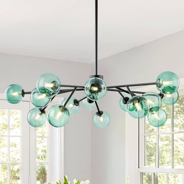 Charlie 15-Light Matte Black Modern Glam Linear Sputnik Chandelier with Green Glass Globe Bubble Shades