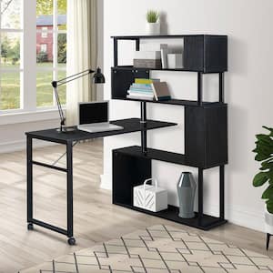 70.8 in. Black Rotating Computer Desk L-Shaped Corner Table with 5-Tier Bookshelf and Lockable Casters