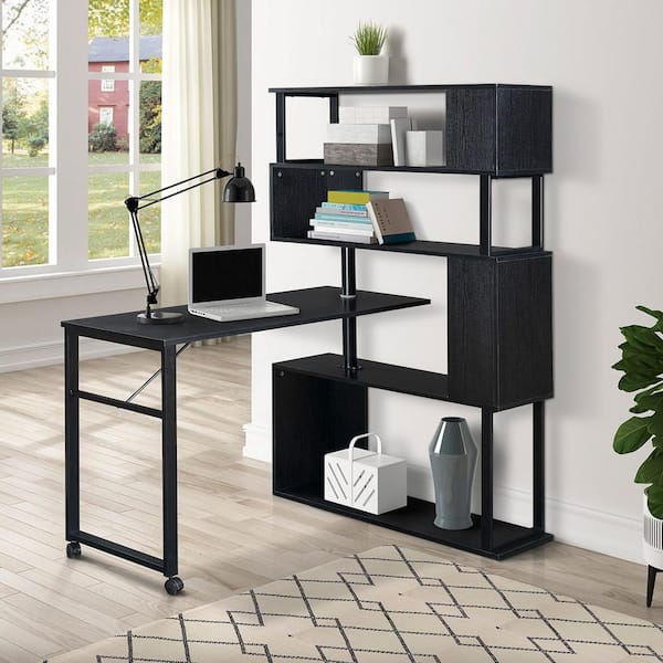 Angel Sar 70.8 in. Black Rotating Computer Desk L-Shaped Corner Table with 5-Tier Bookshelf and Lockable Casters