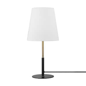 15 in. Ceramic Table Lamp, Matte Black, Wood Toned Base, White Linen Shade, On/Off Rotary Switch on Socket, Living Room