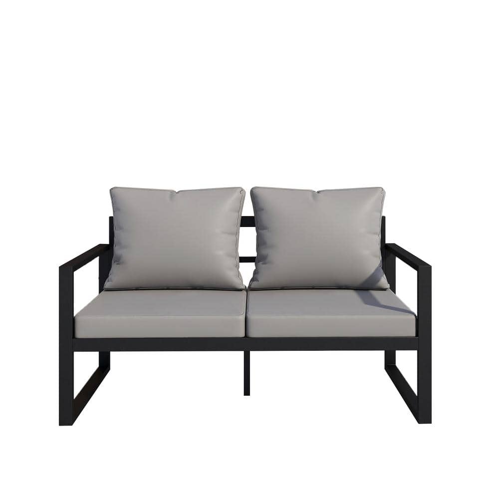 Black Metal Outdoor Double Lounge Chair with Grey Cushions