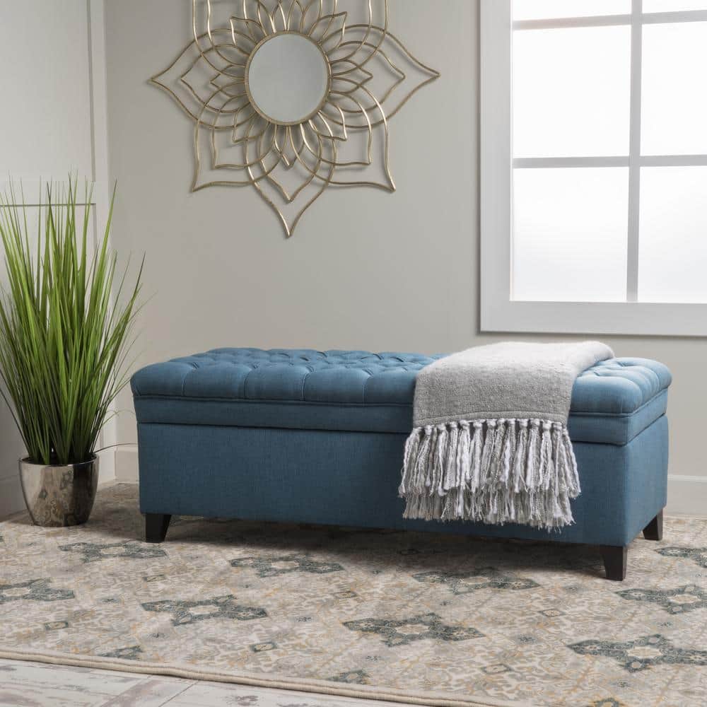 Juliana Modern Blue Tufted Fabric Upholstered Rectangle Storage Ottoman Bedroom Bench