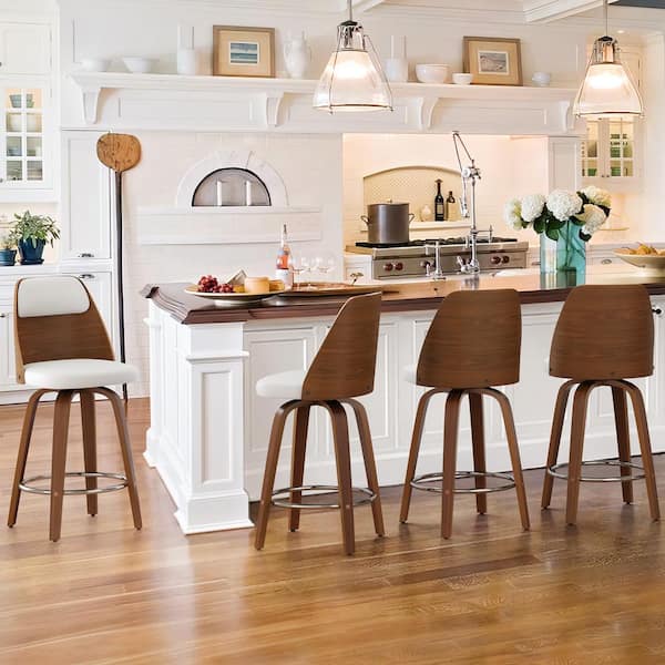 Unbranded Edward 26 in. White Faux Leather Swivel Bar Stool Solid Wood Walnut Frame Counter Height Bar Stool (Set of 4)