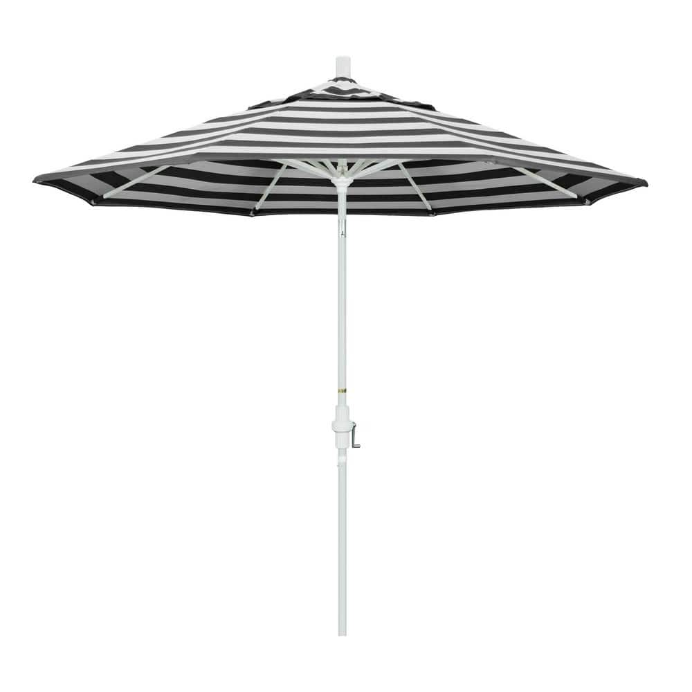 California Umbrella 9 ft. Matted White Aluminum Collar Tilt Crank Lift Market Patio Umbrella in Cabana Classic Sunbrella