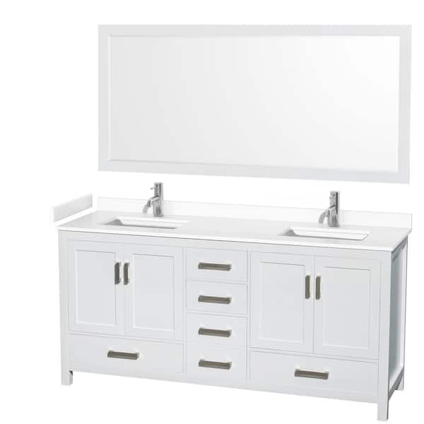 Wyndham Collection Sheffield 72 in. W x 22 in. D x 35 in. H Double Bath Vanity in White with White Cultured Marble Top and 70" Mirror