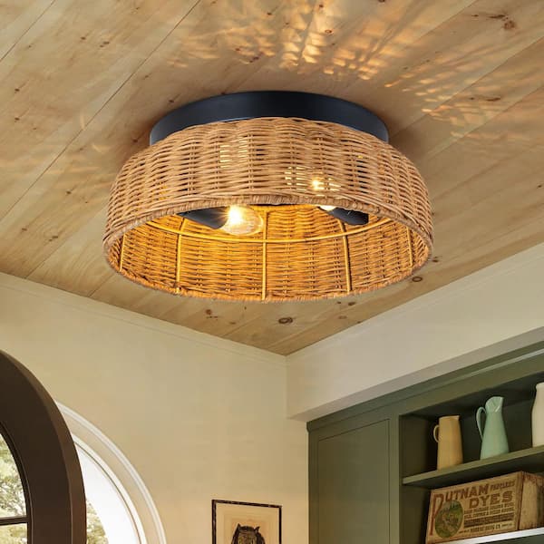 11.8 in. 2-Light Drum Nature Rattan Matte Black Flush Mount for Dinning Room Foyer Kitchen