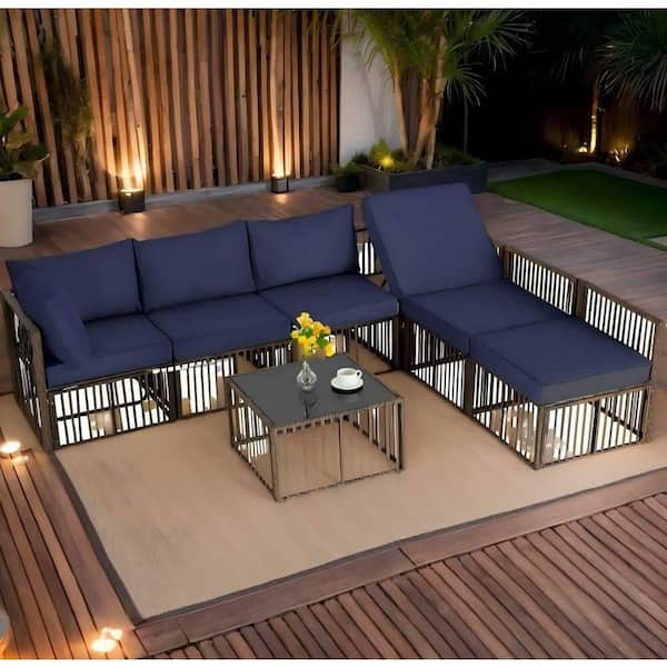 7-Piece Brown Wicker Outdoor Sectional Set with Blue Cushions and 1-Coffee Table for Backyard Poolside Porch