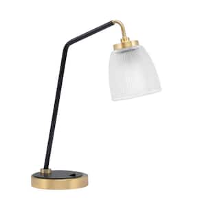 Delgado 16.5 in. Matte Black and New Age Brass Desk Lamp with Clear Ribbed Glass