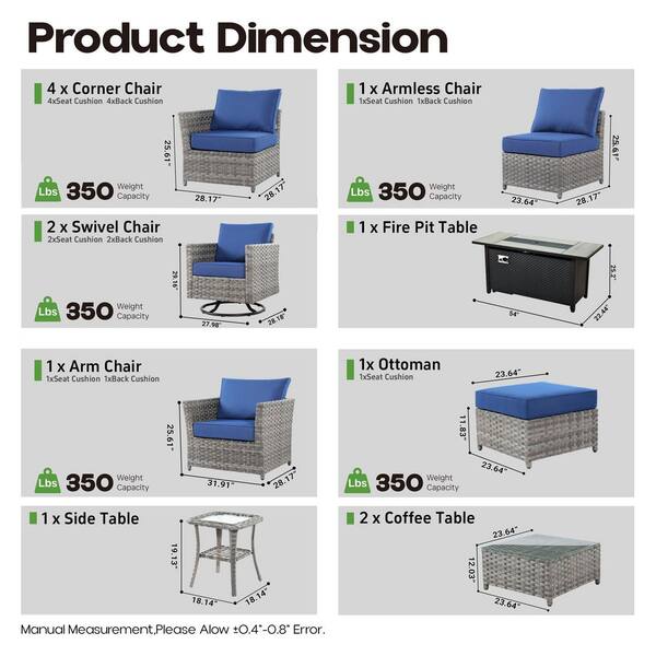 XIZZI Retro 13-Pieces Wicker Outdoor Patio Rectangular Fire Pit