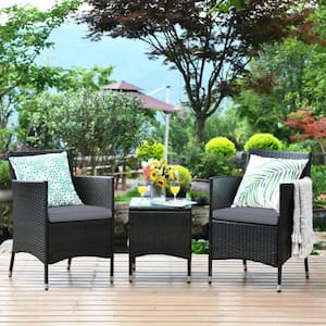 3-Piece Ergonomic Wicker Patio Conversation Set Rattan Furniture Set with Gray Cushions