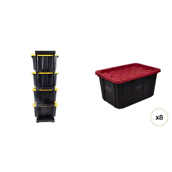 48 in. x 75 in. x 20 in. 5-Tier Black Garage Shelving Unit and 27 Gal. Black and Red Storage Tote (8-Count) Combo