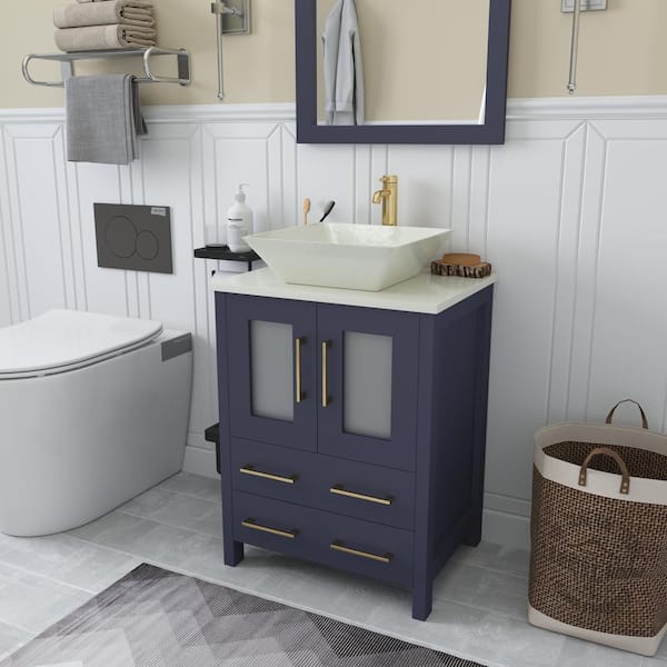 Vanity Art Ravenna 24 in. W Single Basin Bathroom Vanity in Blue with White Top in Engineered Marble Top and Mirror