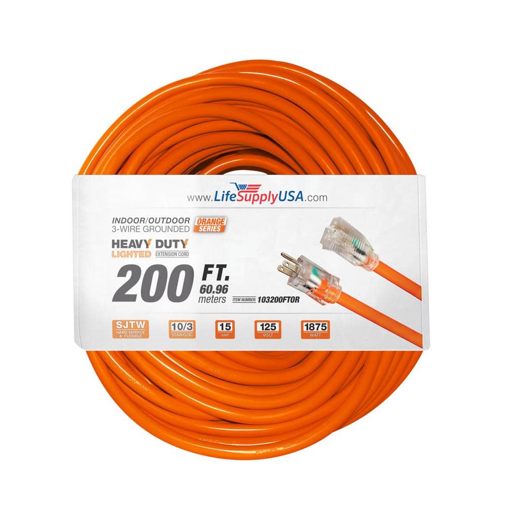 LifeSupplyUSA 200 ft. Orange 10/3 SJTW Indoor/Outdoor Heavy-Duty Extra  Durability 10 Amp 125V 1250-Watt w/Lighted end Extension Cord 103200FTOR  The Home Depot