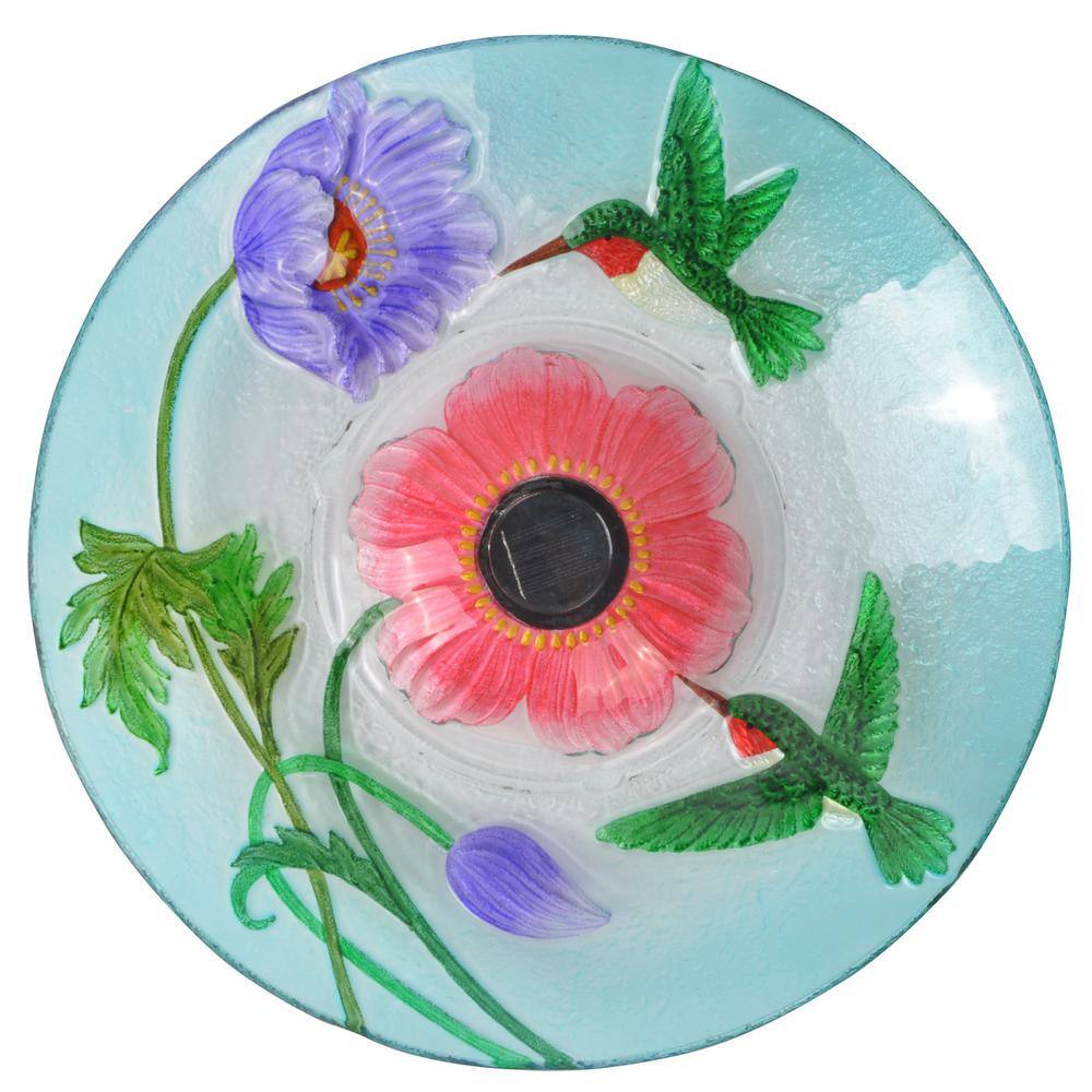 18" Multicolor Glass Hummingbird Solar Bird Bath with Stand