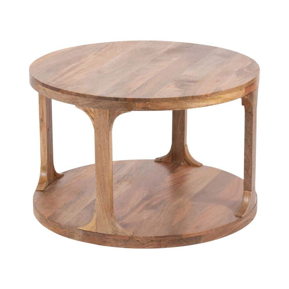 Full view of the round two-tier natural wood coffee table.