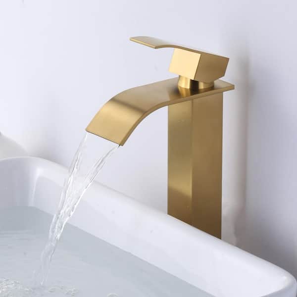 Stainless Steel Single Handle Waterfall Single Hole Bathroom Faucet with Drain Kit and Supply Lines in Gold