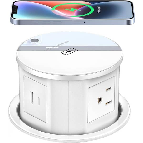 4-Outlets Pop Up Power Socket for Kitchen Countertop with 15-Watt Wireless Charger, 1 USB-A, 1 USB-C Ports in White