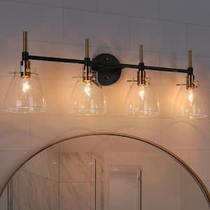 30 in. 4-Light Brass Gold Vanity Light for Bathroom, Black Wall Sconce Lighting with Bowl-Shaped Clear Glass Shades