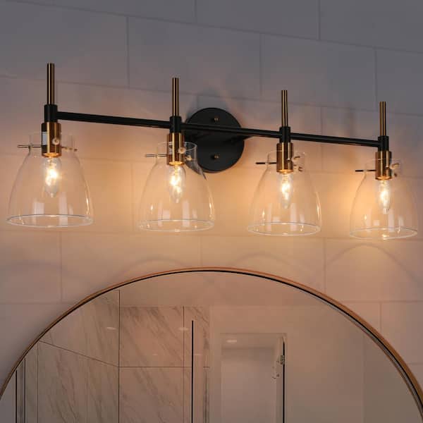 Zevni 30 in. 4-Light Brass Gold Vanity Light for Bathroom, Black Wall Sconce Lighting with Bowl-Shaped Clear Glass Shades