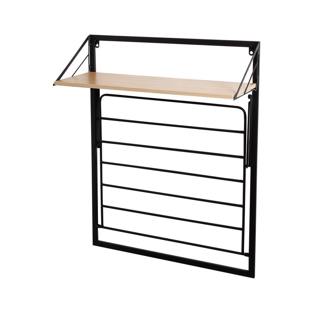 Black and Maple Wall-Mounted Folding Drying Rack with Shelf