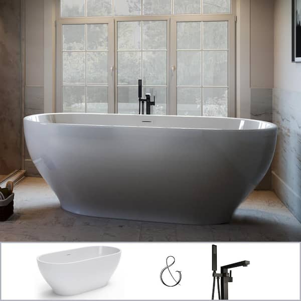 PELHAM & WHITE W-I-D-E Series Palisades 67 in. Acrylic Oval Freestanding Bathtub in White, Floor-Mount Square-Post Faucet in Black