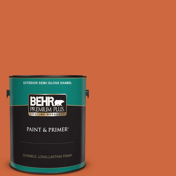 BEHR PREMIUM PLUS 1 gal. #S-H-250 Pumpkin Patch Semi-Gloss Enamel Exterior Paint & Primer