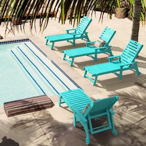 Hampton Aruba Blue Plastic Outdoor Chaise Lounge Chair with Adjustable Backrest Pool Lounge Chair and Wheels Set of 4