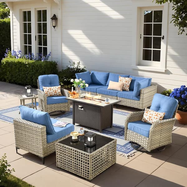 HOOOWOOO Holston 9-Piece Wicker Modern Outdoor Patio Fire Pit Conversation Sofa Set with Swivel Chairs and Sky-Blue Cushions