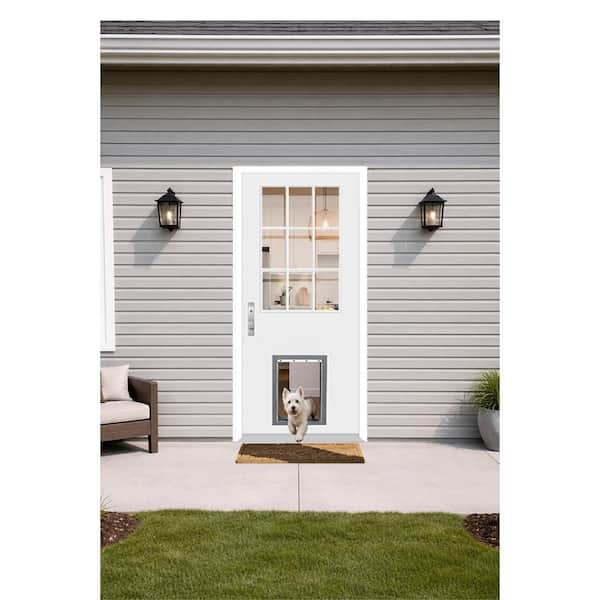 Reliant 32 in. x 80 in. 9 Simulated Divided Clear Lite RHIS Primed Fiberglass Prehung Front Door w/ Large Pet Door