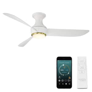 Corona 52 in. Smart Indoor/Outdoor 3-Blade Flush Mount Ceiling Fan in Matte White Satin Brass Trim 3000K LED and Remote