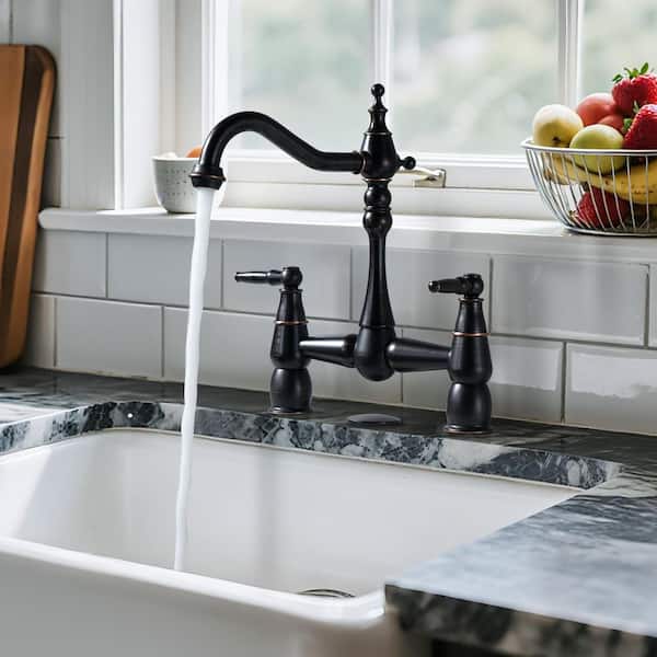 8 in. Centerset Double Handle Brass Elegant Bridge Kitchen Faucet with Sink Hole Cover in Oil Rubbed Bronze