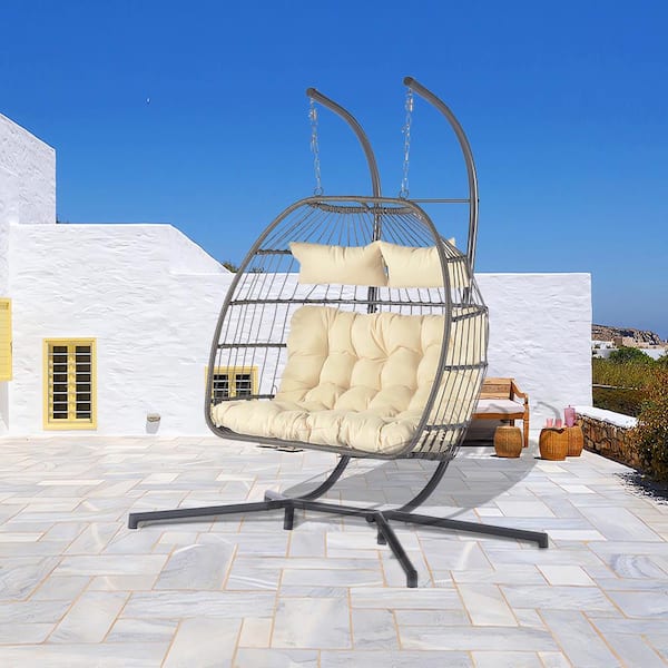 Runesay 60.1 in. 2-person Wicker Patio Swings With Cushions Outdoor Rattan Furniture Hanging Chair Egg Chair in Beige