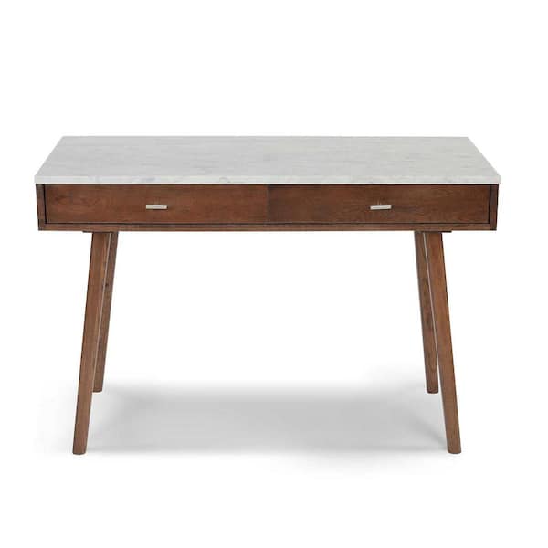 AndMakers Viola 44 in. Rectangular Carrara White Wood 2-Drawer Writing Desk with Walnut Legs and Marble Top