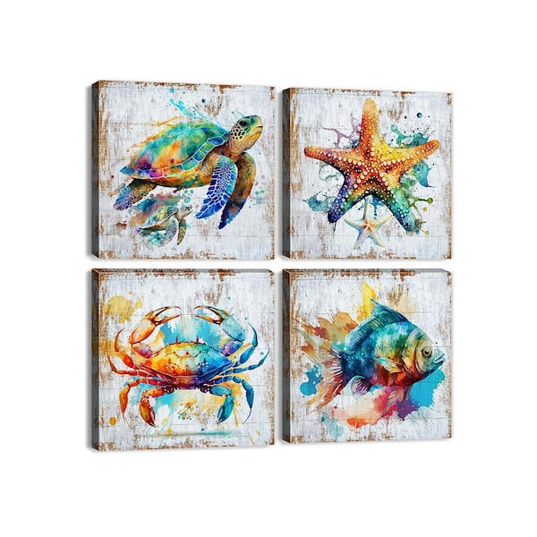 4-Piece Coastal Beach Wall Art Colorful Fish Crab Starfish Canvas Pictures Watercolor Sea Animals Paintings, 12 x 12 in.