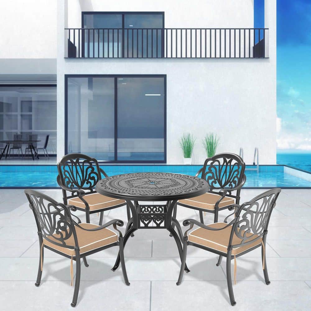 Black 5-Piece Cast Aluminum Round Outdoor Dining Set with All-Weather Brown Cushions Durable Construction price history on PriceWatchPro