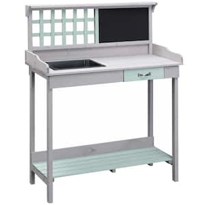 Wooden 36.25 in. W x 47 in. H Light Gray Potting Bench Table with Removable Sink and Chalkboard