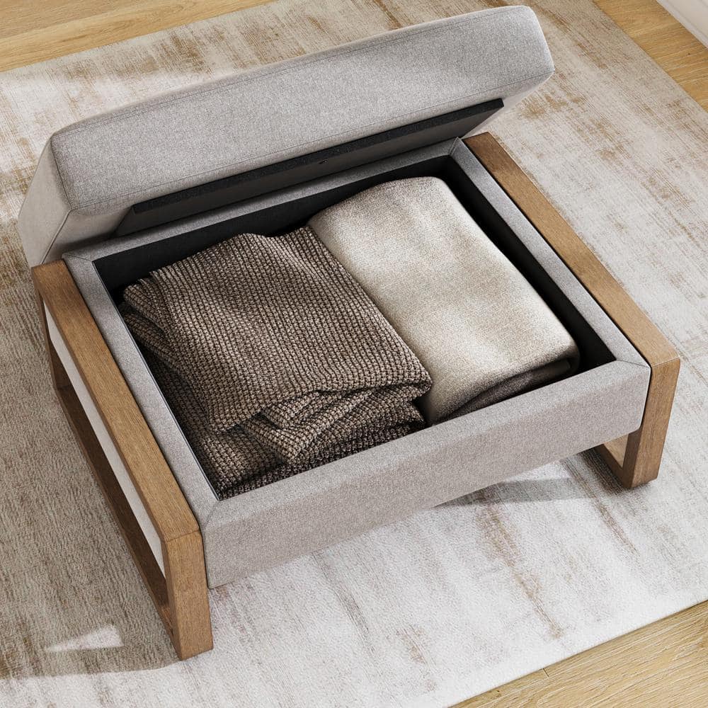 Madison Light Brown Linen Upholstered Ottoman with Storage