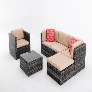 6-piece Rattan Wicker Outdoor Sectional Cushioned Sofa Sets with 2 Pillows 1 Coffee Table Beige Cushion Patio Furniture