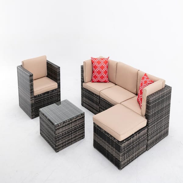 Tunearary 6-piece Rattan Wicker Outdoor Sectional Cushioned Sofa Sets with 2 Pillows 1 Coffee Table Beige Cushion Patio Furniture