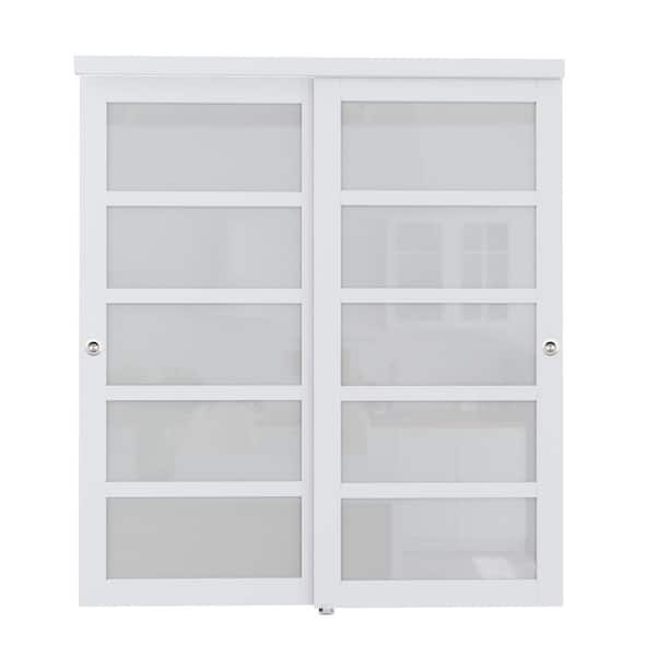 ARK DESIGN 72 in. x 80 in. 5-Lite Frosted Glass Primed White MDF Interior Closet Sliding Door Sliver Handles and Hardware