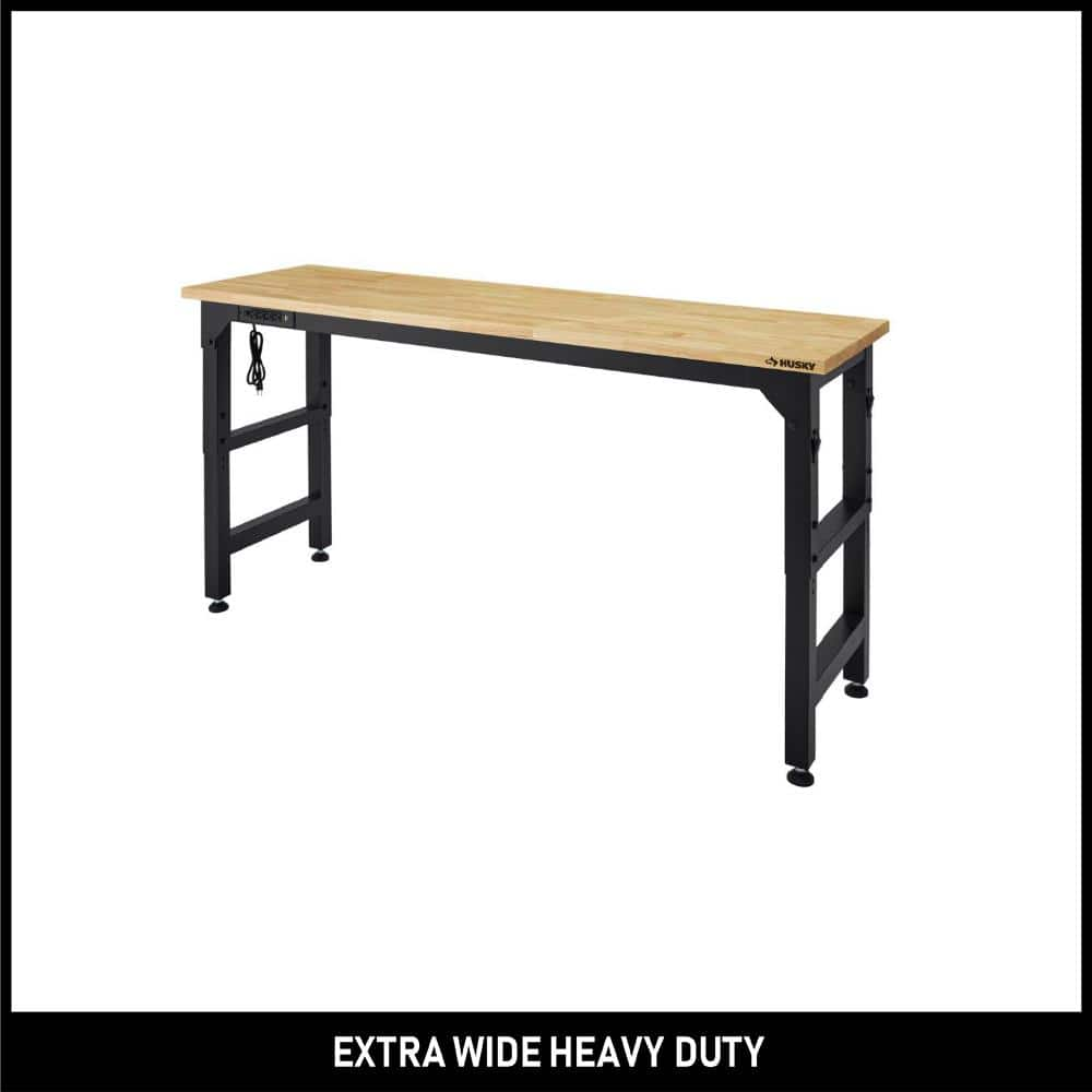 Husky 76 in. W x 23 in. D Adjustable Height Black Workbench with Solid Wood Top