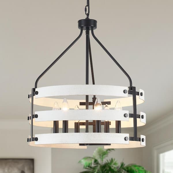 6-Light Black and Vintage White Drum Chandelier Industrial Metal Hanging Pendant Light Fixture with Candle Design