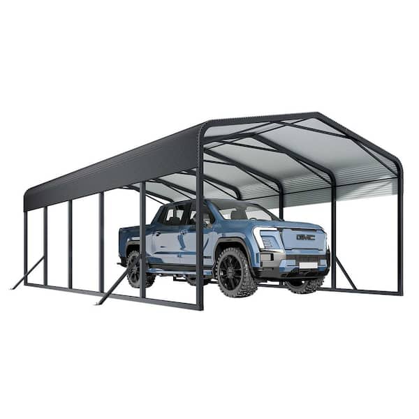 15ft. W x 25 ft. D x 9 ft. H Black roof steel structure Carport /heavy-duty garage with reinforced support base.