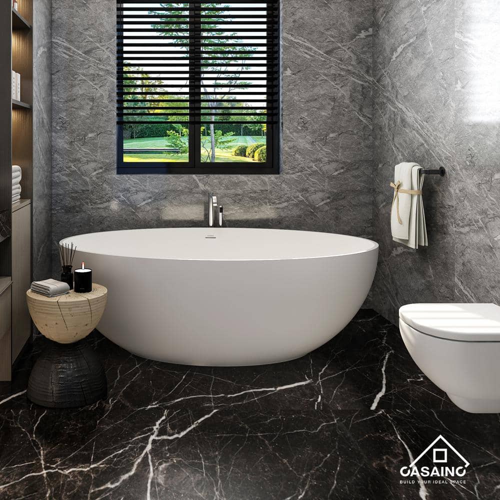 White Oval Freestanding Resin Soaking Bathtub